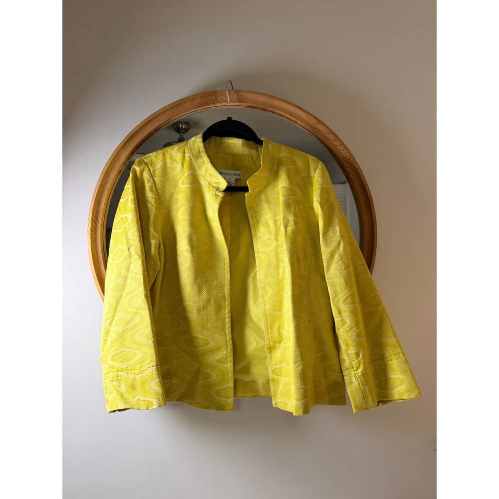 Donna Toran Yellow Geometric Jacquard Mandarin Collar Open Front BlazerJacket 14
